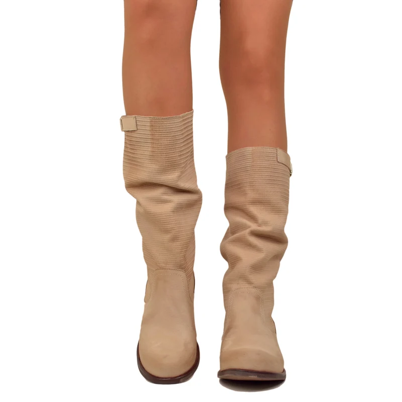 Stivali Donna Morbidi Gambale Zigrinato Pelle Vintage Cipria