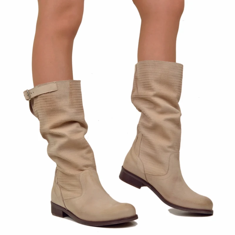 Stivali Donna Morbidi Gambale Zigrinato Pelle Vintage Cipria