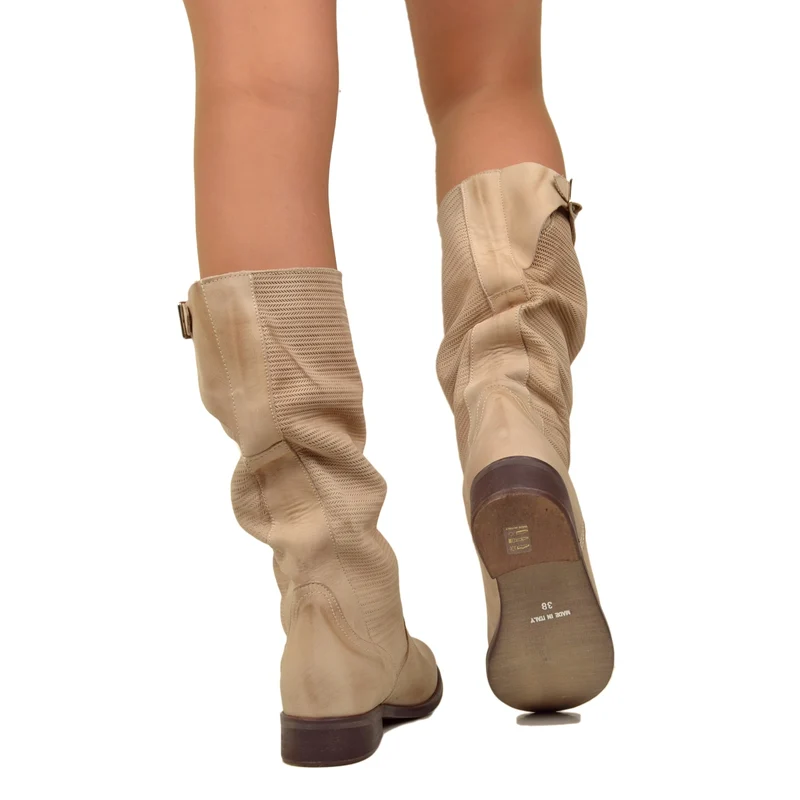 Stivali Donna Morbidi Gambale Zigrinato Pelle Vintage Cipria