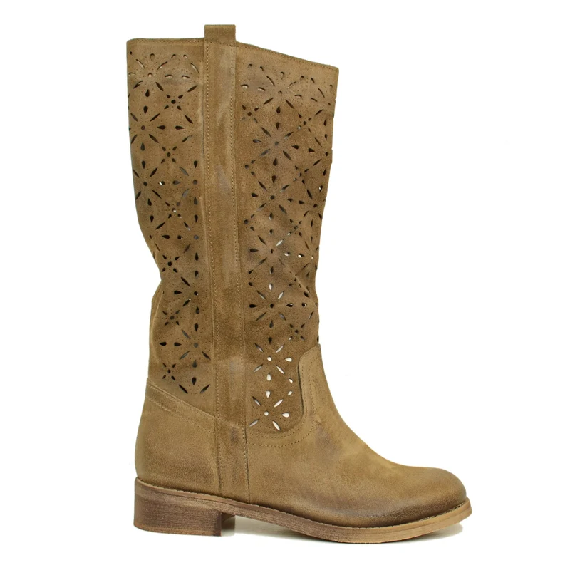 Stivali Donna Camperos Traforati Taupe in Pelle Scamosciata