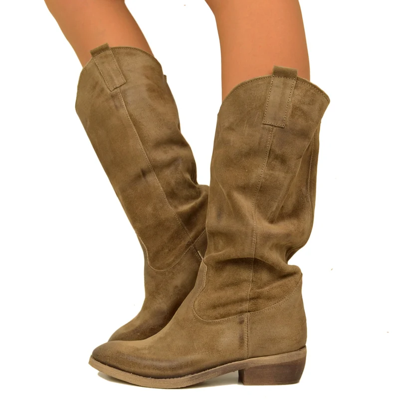 Stivali Donna Texani in Camoscio Taupe Made in Italy