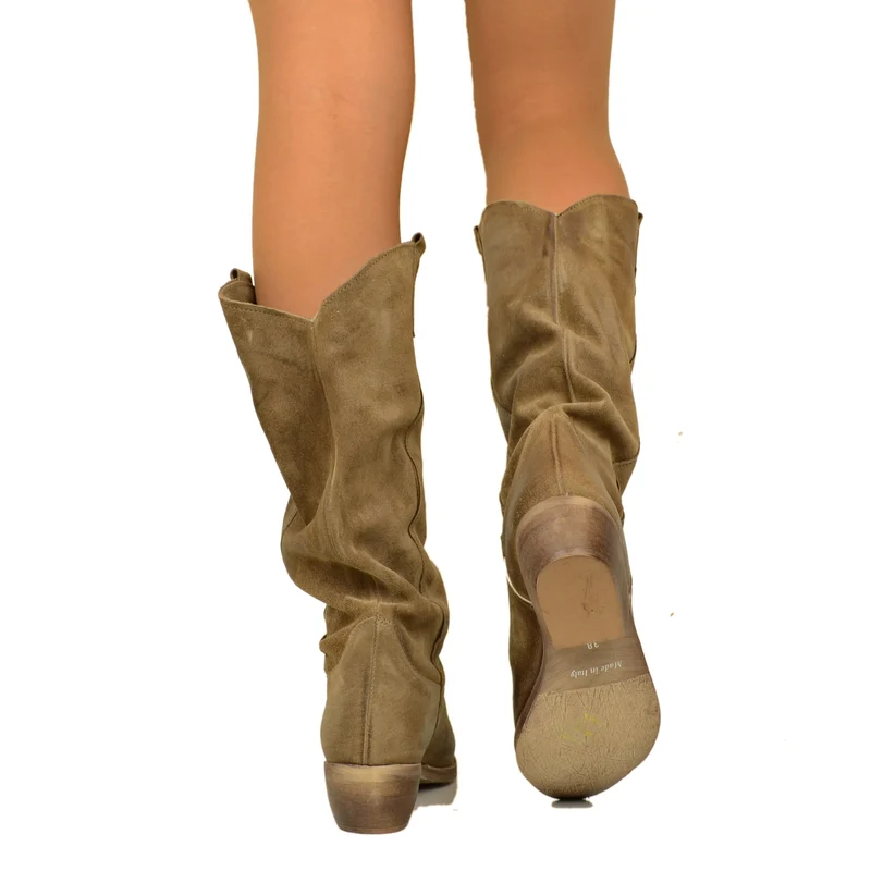 Stivali Donna Texani in Camoscio Taupe Made in Italy