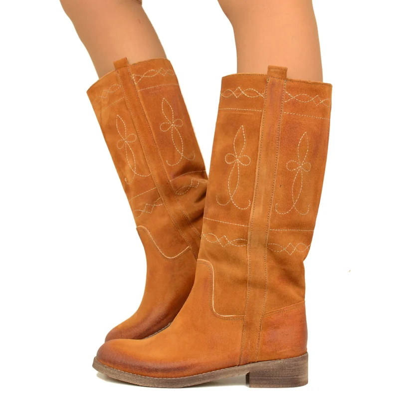 Stivali Camperos Donna in Pelle Scamosciata color Ruggine