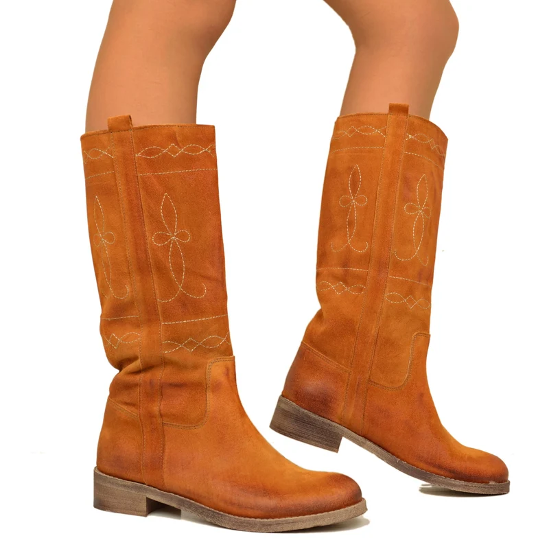 Stivali Camperos Donna in Pelle Scamosciata color Ruggine