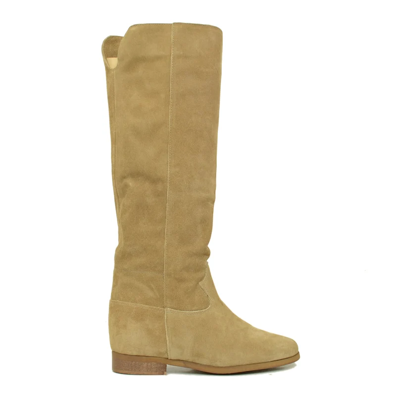 Stivali Donna Beige in Pelle Scamosciata con Zeppa Interna