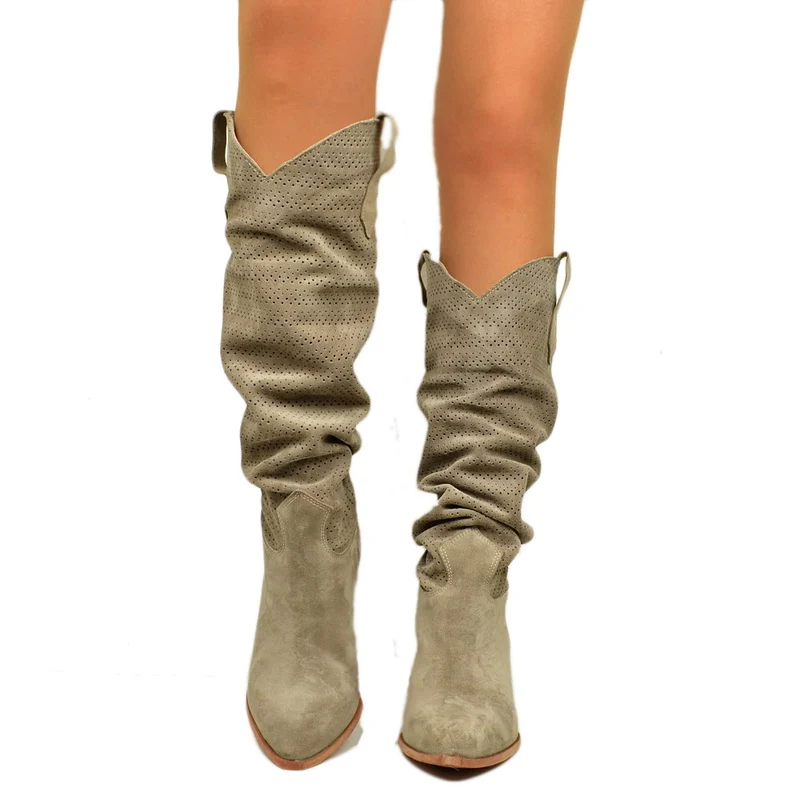 Stivali Texani Donna Traforati in Camoscio Taupe con Tacco Alto