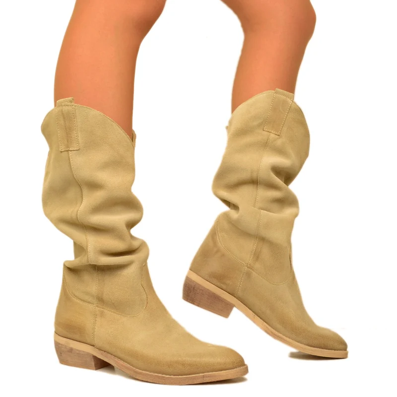Stivali Donna Texani in Camoscio Beige Made in Italy