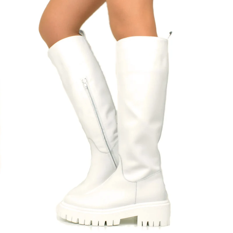 Stivali Donna Bianchi in Pelle con Fondo Platform Made in Italy