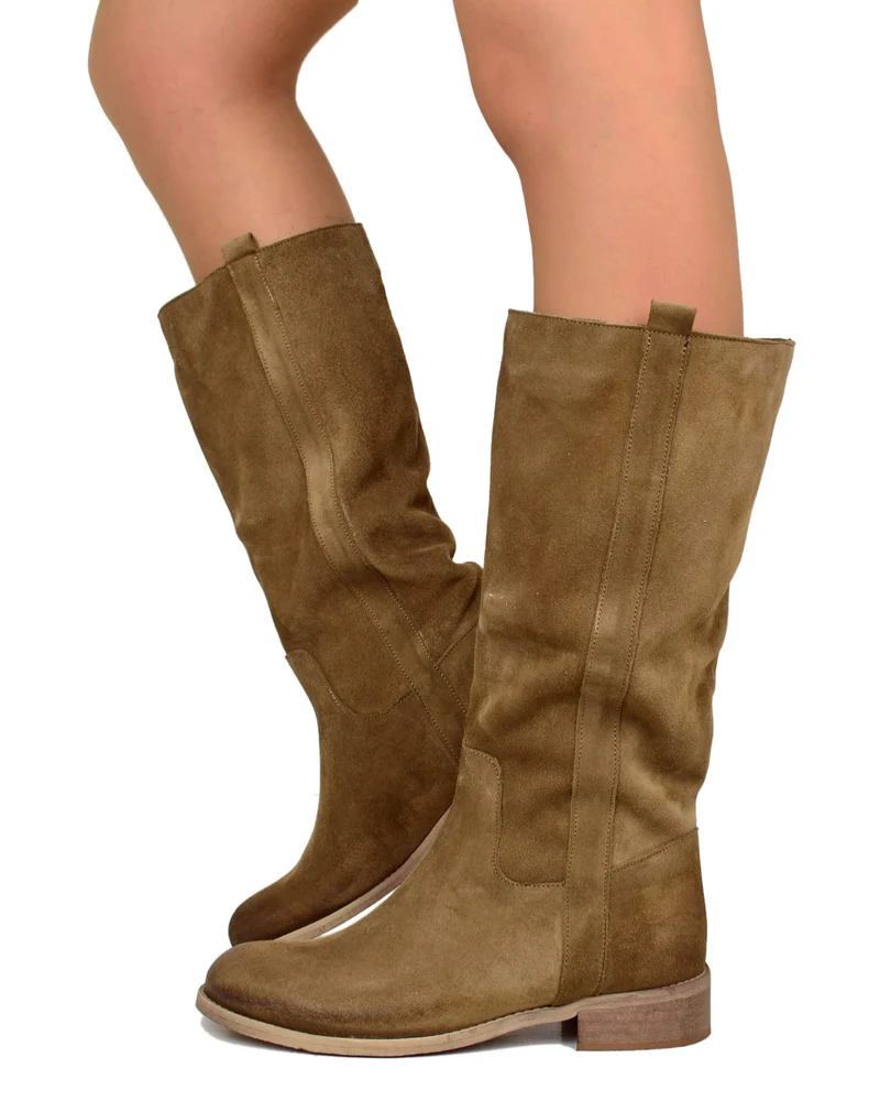 Stivali Camperos Donna Taupe in Pelle Vintage Scamosciata