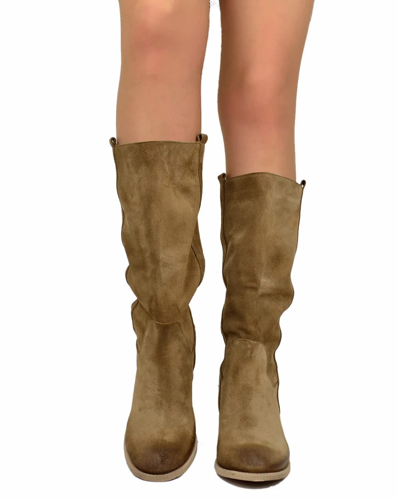 Stivali Camperos Donna Taupe in Pelle Vintage Scamosciata