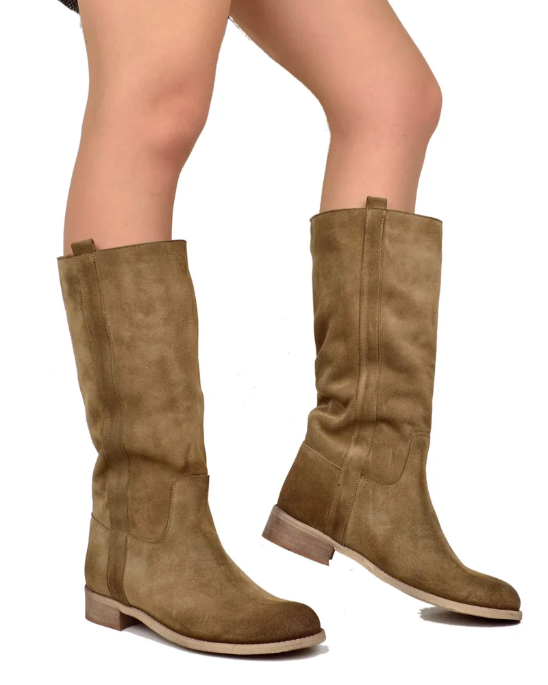 Stivali Camperos Donna Taupe in Pelle Vintage Scamosciata