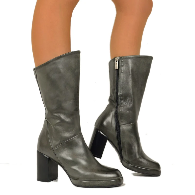 Tronchetti Donna Grigi con Zip e Punta Quadrata Made in Italy
