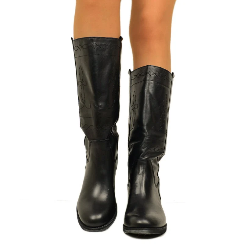 Stivali Camperos Donna in Pelle Neri con Ricami Made in Italy