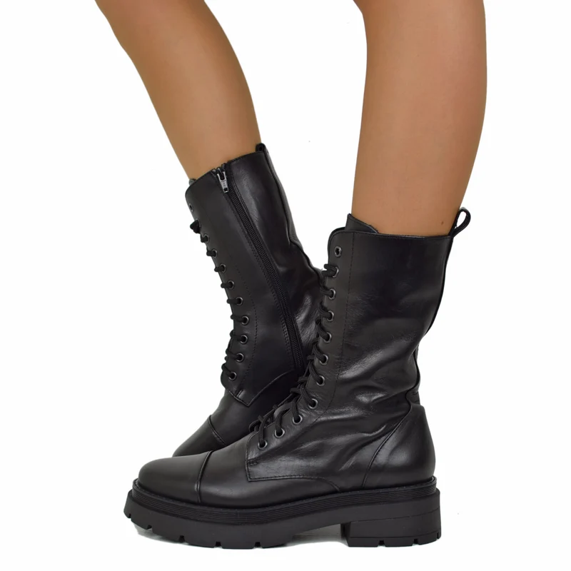 Stivali Donna Anfibi Neri con Zip e Fondo Platform Made in Italy