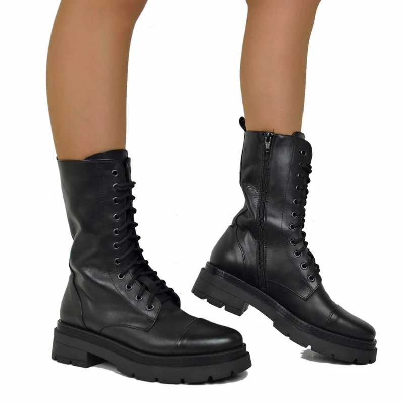 Stivali Donna Anfibi Neri con Zip e Fondo Platform Made in Italy