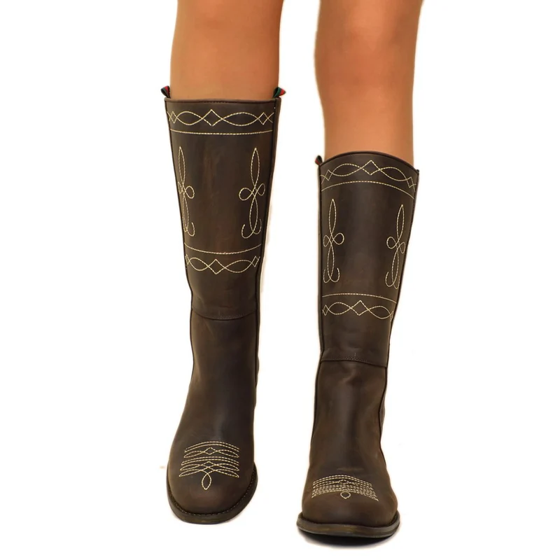 Stivali Camperos Donna in Pelle Nabuk Marrone con Ricami