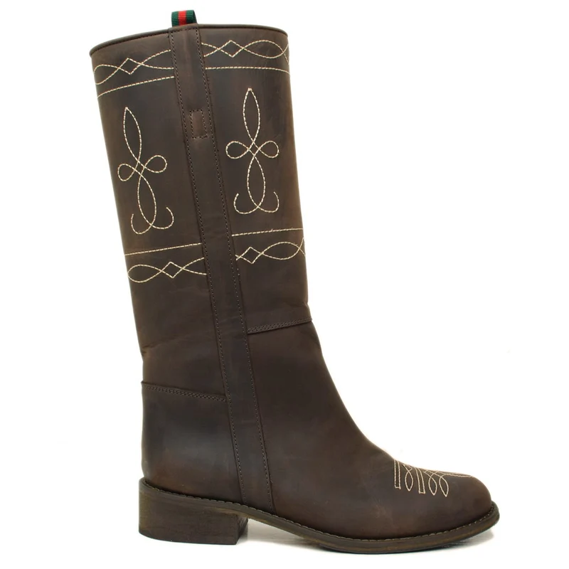 Stivali Camperos Donna in Pelle Nabuk Marrone con Ricami