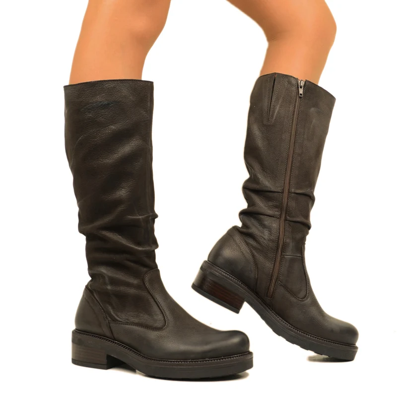 Stivali Donna Biker in Pelle Marroni con Zip Made in Italy