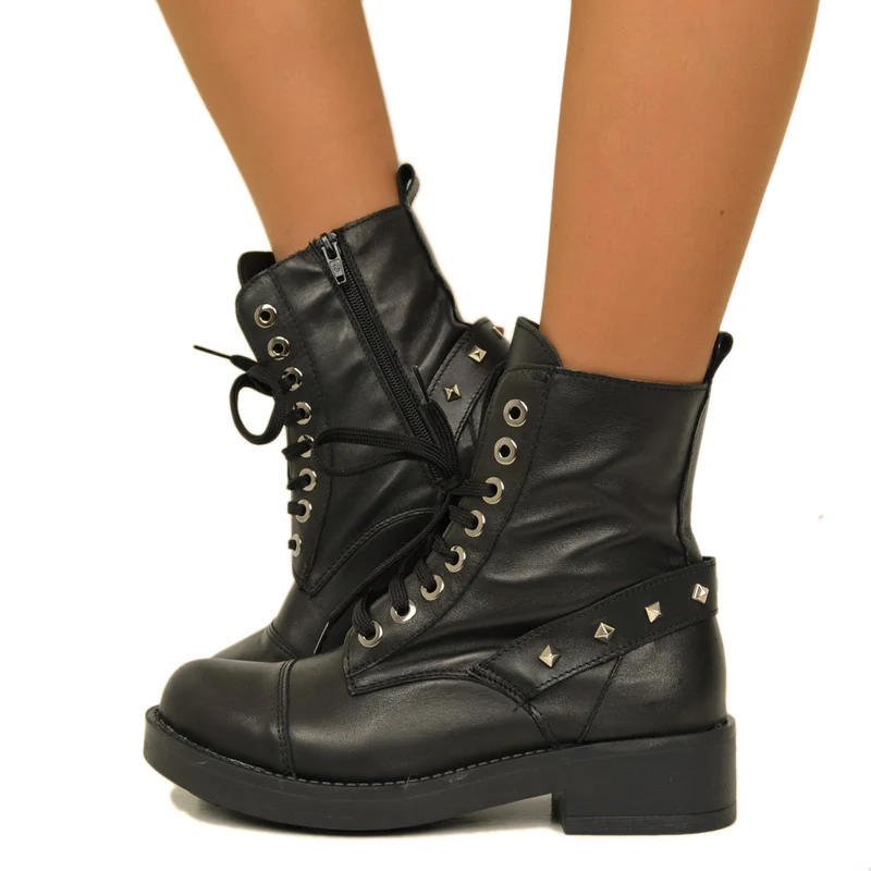 Stivaletti Donna Biker Neri con Lacci e Zip Made in Italy