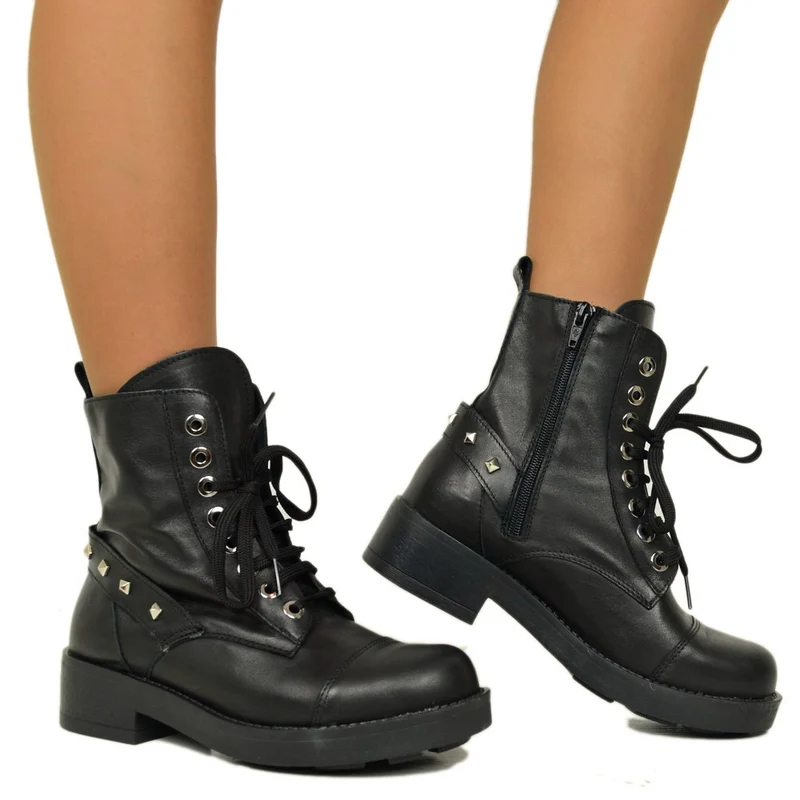 Stivaletti Donna Biker Neri con Lacci e Zip Made in Italy