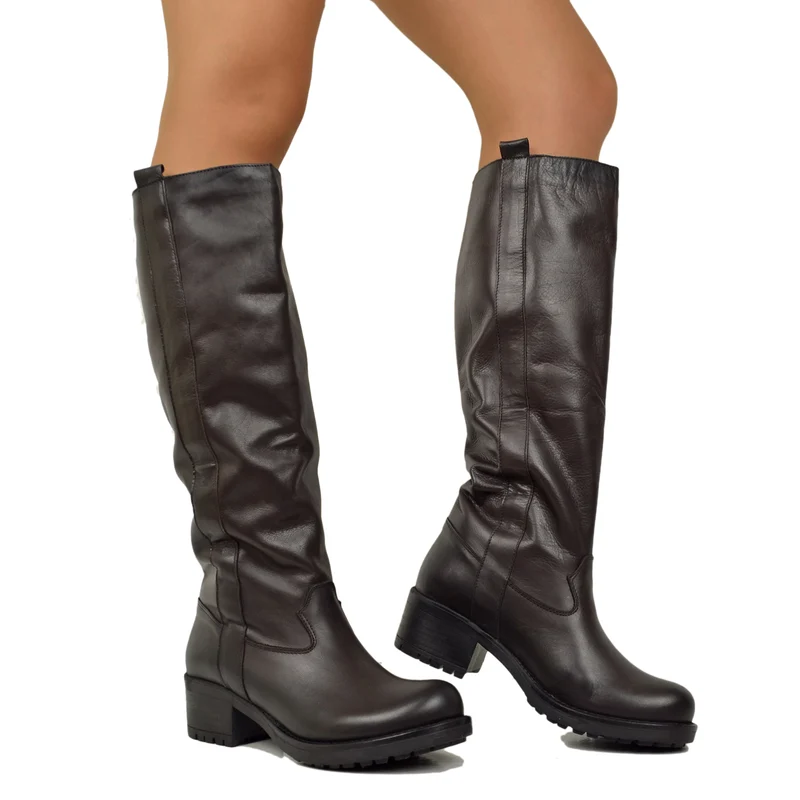 Stivali Donna Biker Marroni in Pelle Tacco Medio Made in Italy