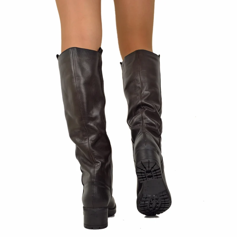 Stivali Donna Biker Marroni in Pelle Tacco Medio Made in Italy