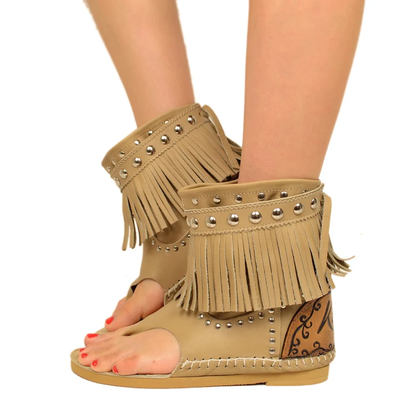 Stivaletti Donna Indianini Infradito Beige con Frange Made in Italy