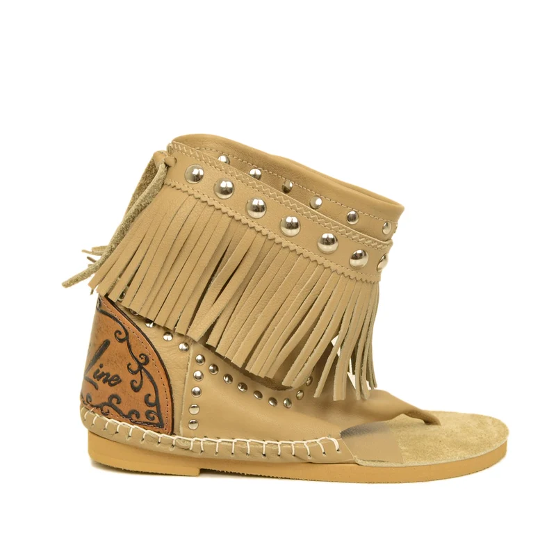 Stivaletti Donna Indianini Infradito Beige con Frange Made in Italy