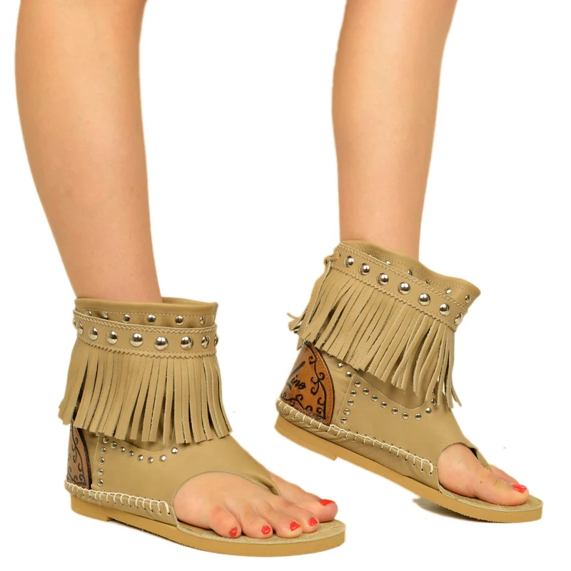 Stivaletti Donna Indianini Infradito Beige con Frange Made in Italy