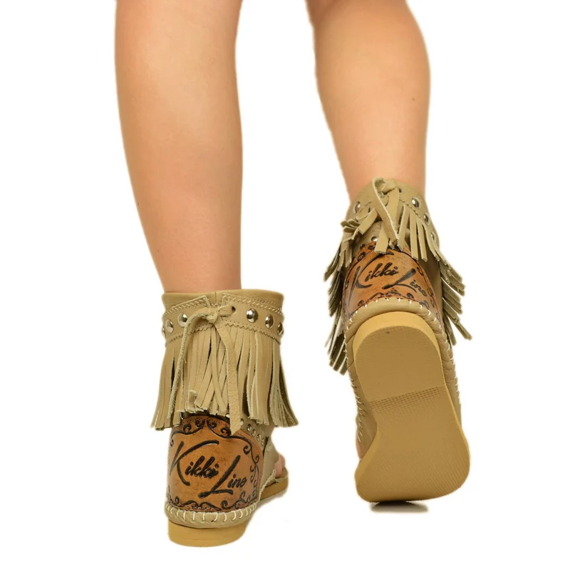 Stivaletti Donna Indianini Infradito Beige con Frange Made in Italy