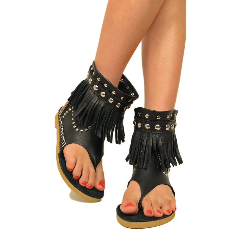 Stivaletti Donna Indianini Infradito Neri con Frange