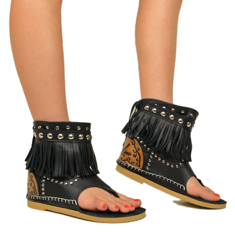 Stivaletti Donna Indianini Infradito Neri con Frange