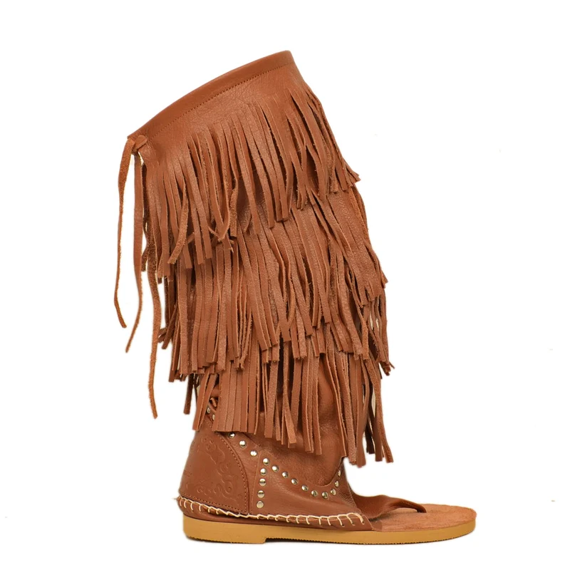Stivali Donna Indianini Infradito in Pelle con Frange