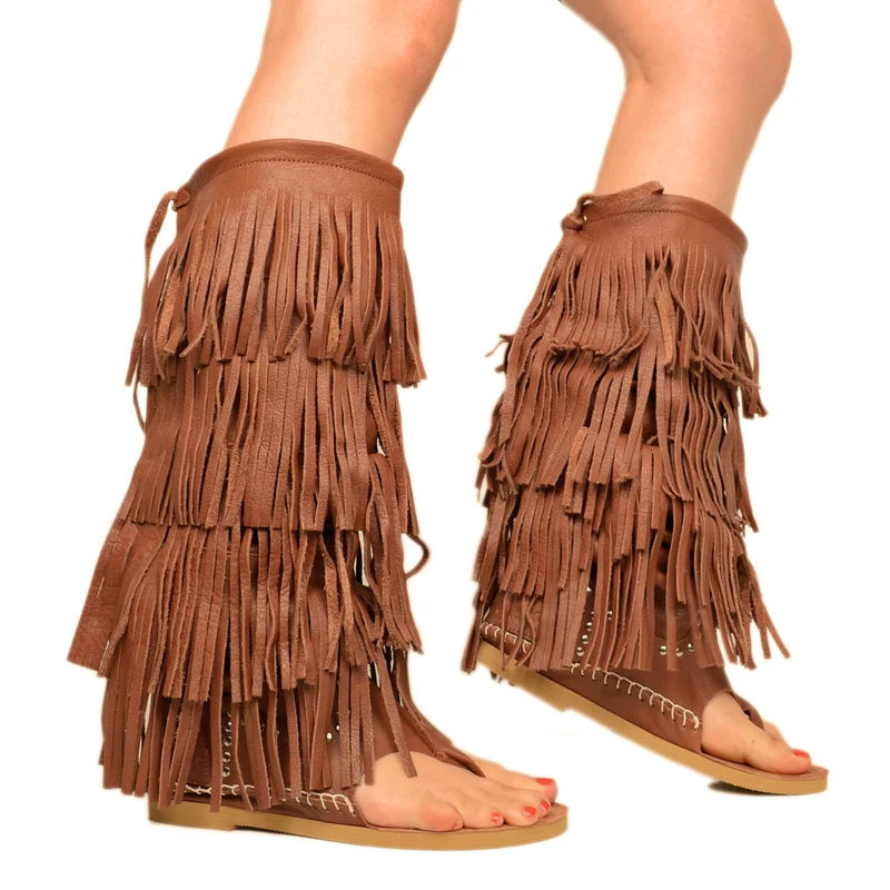 Stivali Donna Indianini Infradito in Pelle con Frange