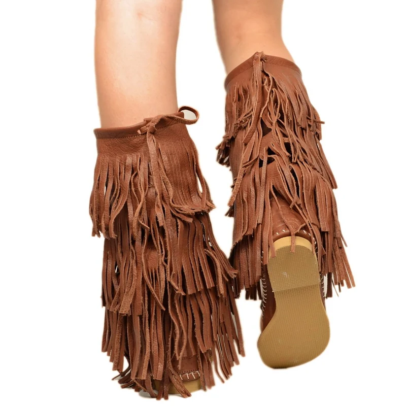 Stivali Donna Indianini Infradito in Pelle con Frange