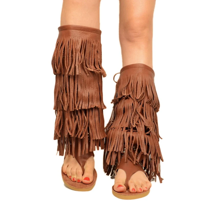 Stivali Donna Indianini Infradito in Pelle con Frange