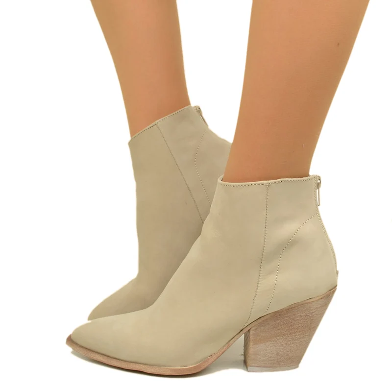 Stivaletti Texani Donna in Pelle Nabuk Taupe Made in Italy