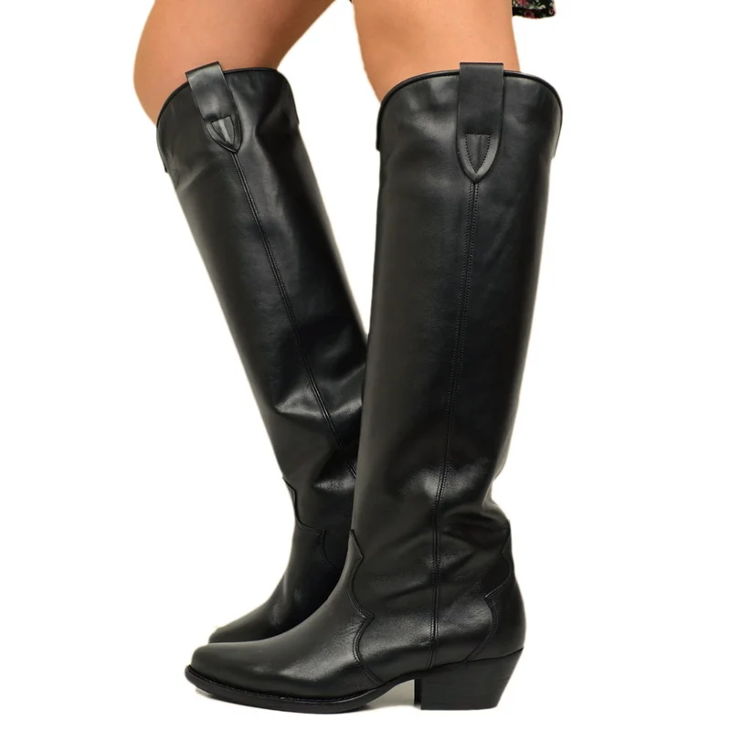 Stivali Texani Alti Donna Neri in Pelle Made in Italy
