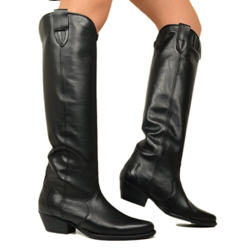Stivali Texani Alti Donna Neri in Pelle Made in Italy