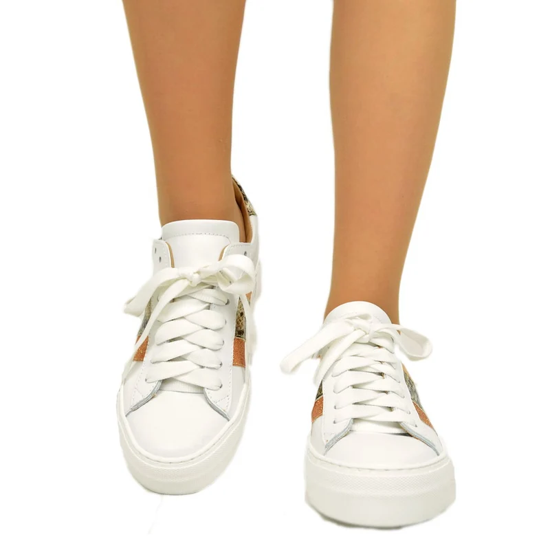 Sneakers Donna Bianche con Glitter Bronzo in Pelle Made in Italy