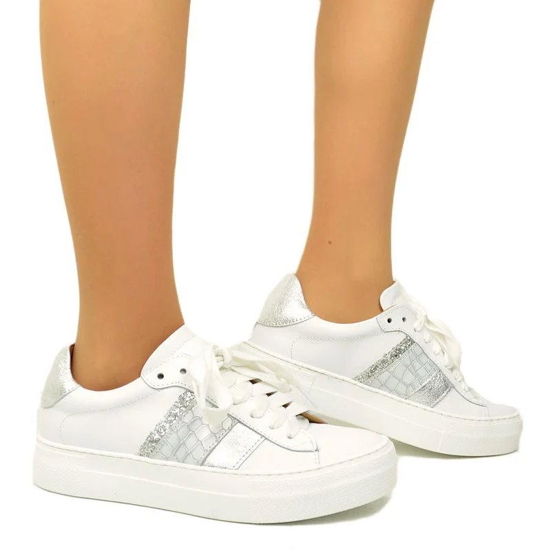 Sneakers Donna Bianche con Glitter Argento Made in Italy