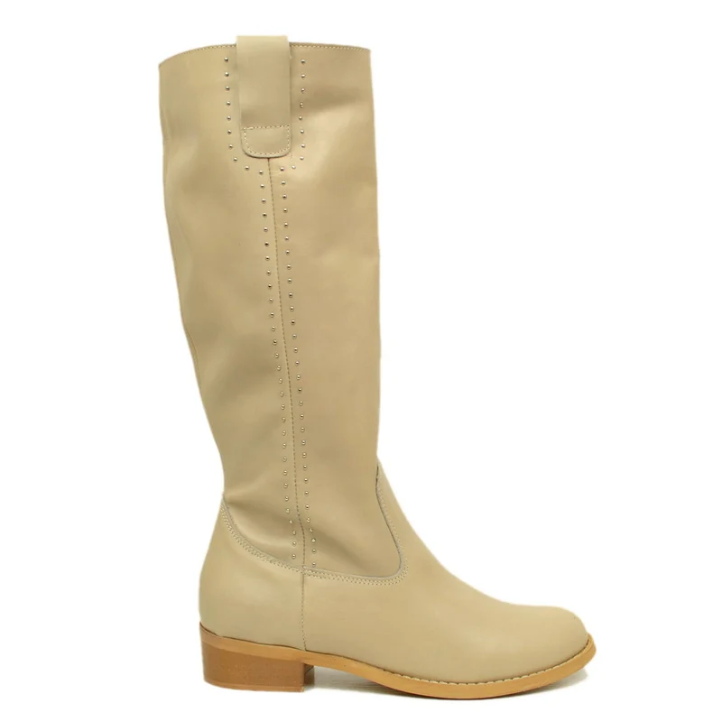 Stivali Donna Alti in Pelle Beige con Borchie Made in Italy