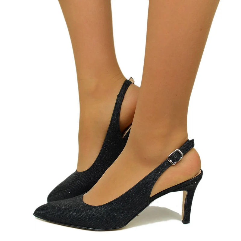 Scarpa Décolleté con Cinturino Posteriore in Lurex Nero