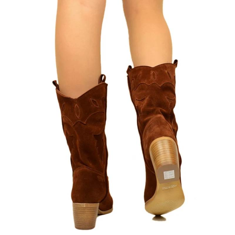 Stivali Texani Donna Marroni in Camoscio con Ricami Made in Italy