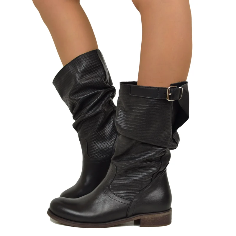 Stivali Donna Neri Morbidi in Pelle Zigrinata Made in Italy
