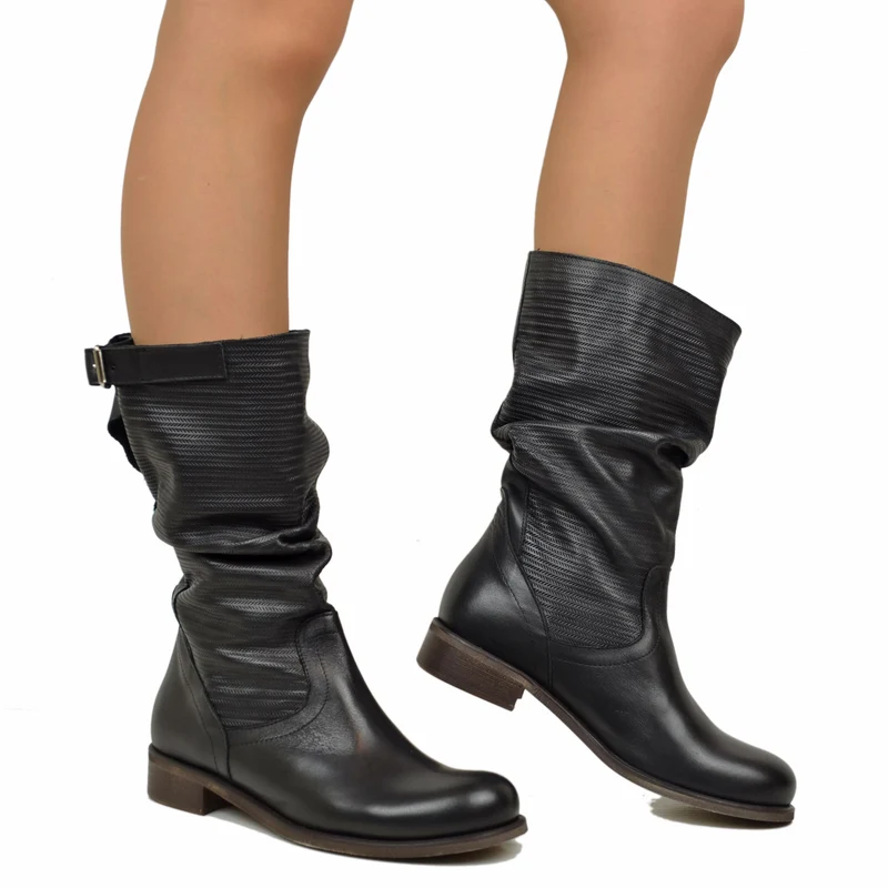 Stivali Donna Neri Morbidi in Pelle Zigrinata Made in Italy