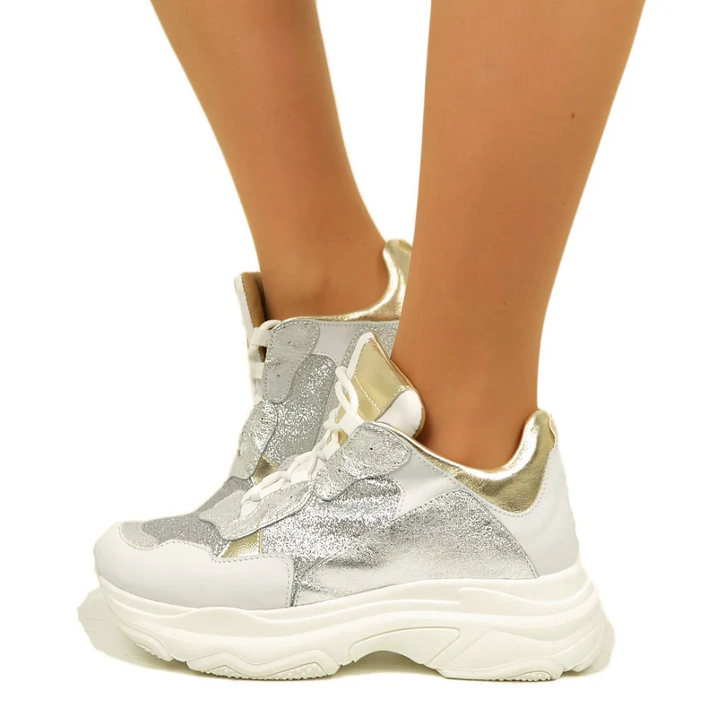 Sneakers Donna Silver con Lacci Fondo Platform Made in Italy