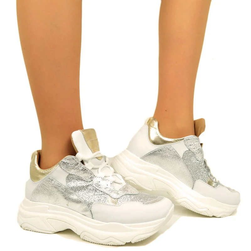Sneakers Donna Silver con Lacci Fondo Platform Made in Italy