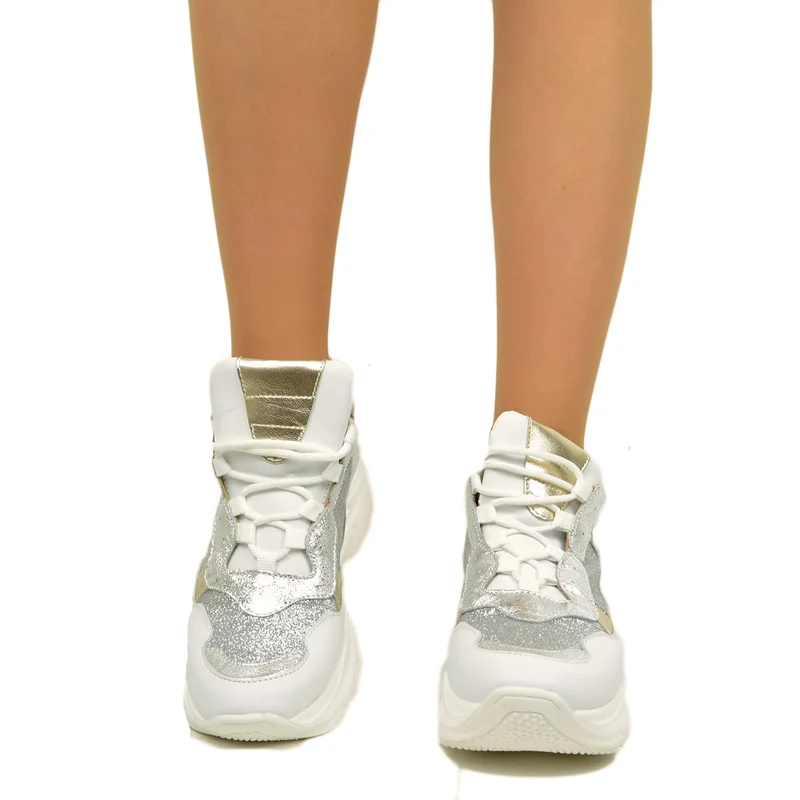 Sneakers Donna Silver con Lacci Fondo Platform Made in Italy