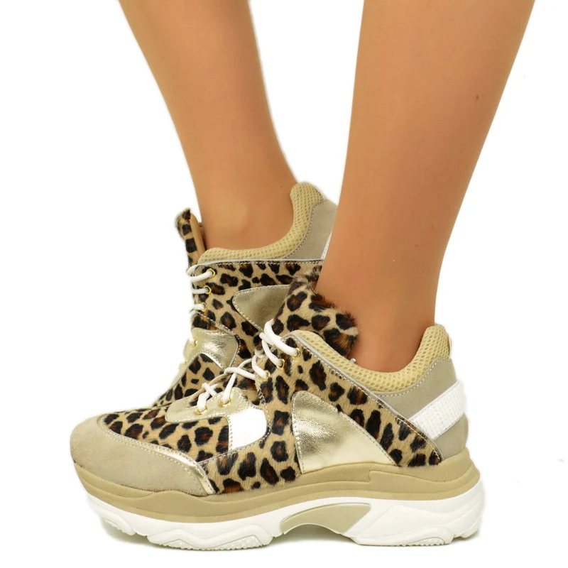 Sneakers Donna Leopardate con Lacci Fondo Platform Made in Italy